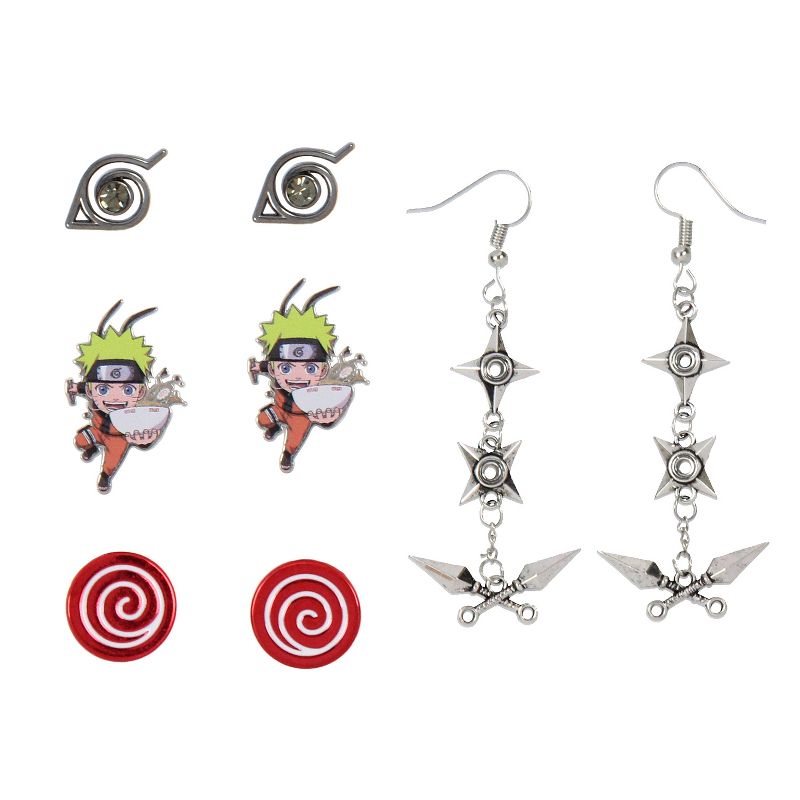 Naruto Shippuden Anime Manga Costume Jewelry Stud And Dangle Earrings Set 4 Pack Multicoloured, 1 of 5