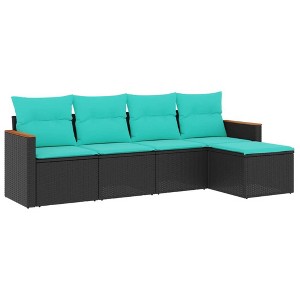 vidaXL 5 Piece Patio Sofa Set with Cushions Black Poly Rattan - Black and Blue Without Table - 1 of 4