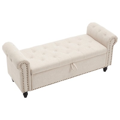 Vynxaria Upholstered Storage Ottoman Bench - 55.12" Camel Button Tufted with Rivet Accents
