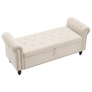 Vynxaria Upholstered Storage Ottoman Bench - 55.12" Camel Button Tufted with Rivet Accents - 1 of 4