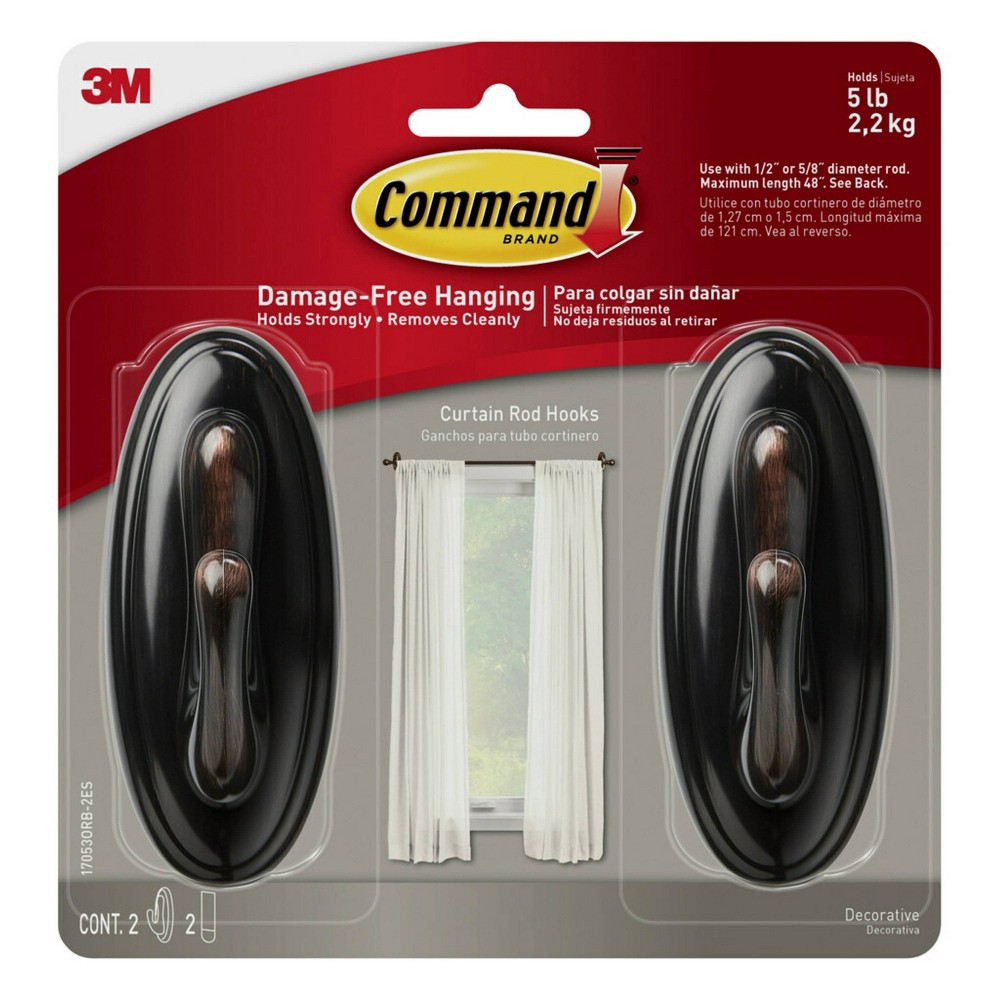 2pk Command Curtain Rod Hooks Oil Rubbed Bronze: No Drill Brackets, 5lb Capacity, Plastic, Brown, 0.625" Rod Diameter