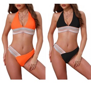 INSPIRE CHIC Women's Color Block Wavy Stripes Halter Top V Shaped Bottom Swimwear Bathing Bikini Suits 2 Sets - 1 of 4