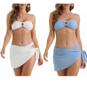 INSPIRE CHIC Women's Ribbed O Ring Bandeau Back Buckle Triangle Thong Bottom Swimwear Bathing Bikini Suits 2 Sets - 1 of 4