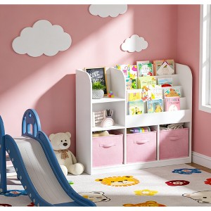 Airsurfer 4-Tier White Bookshelf with 3 Collapsible Fabric Drawers Children's Bookcase and Toy Organizer Storage Organizer for Playroom Organization - 1 of 4