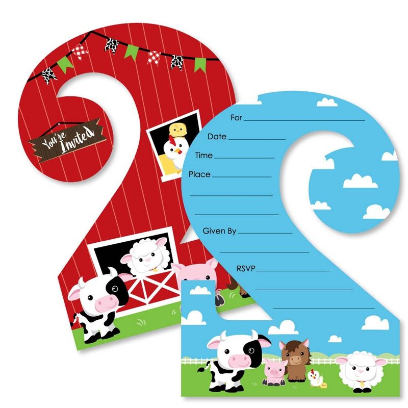 Big Dot of Happiness 2nd Birthday Farm Animals - Shaped Fill-in Invites - Barnyard Second Birthday Party Invitation Cards with Envelopes - Set of 12, 1 of 7