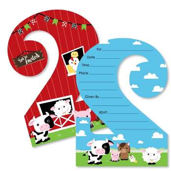 Big Dot of Happiness 2nd Birthday Farm Animals - Shaped Fill-in Invites - Barnyard Second Birthday Party Invitation Cards with Envelopes - Set of 12