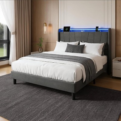 Bed Frame with Charging Station and LED Lights, Modern Platform Bed with Wooden Slats, Upholstered Headboard, No Box Spring Needed, Gray