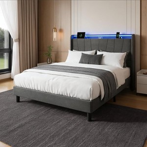 Bed Frame with Charging Station and LED Lights, Modern Platform Bed with Wooden Slats, Upholstered Headboard, No Box Spring Needed, Gray - 1 of 4