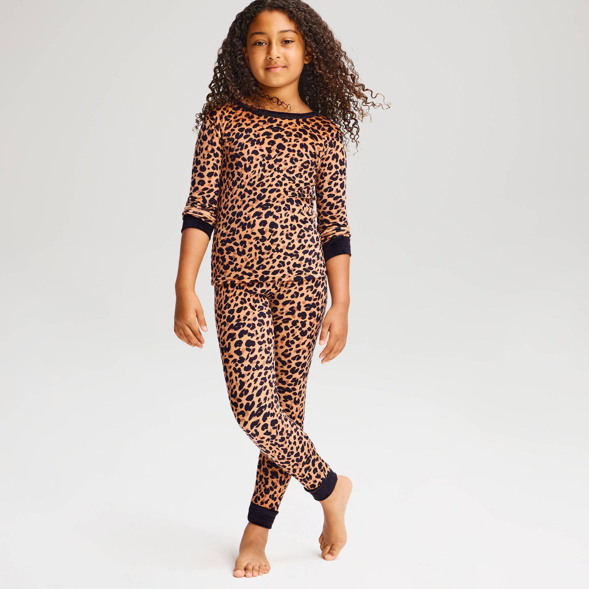 Girls' Leopard Long Sleeve and Pants Snug Fit Velour 2pc Pajama Set - Cat & Jack™ Tan 4