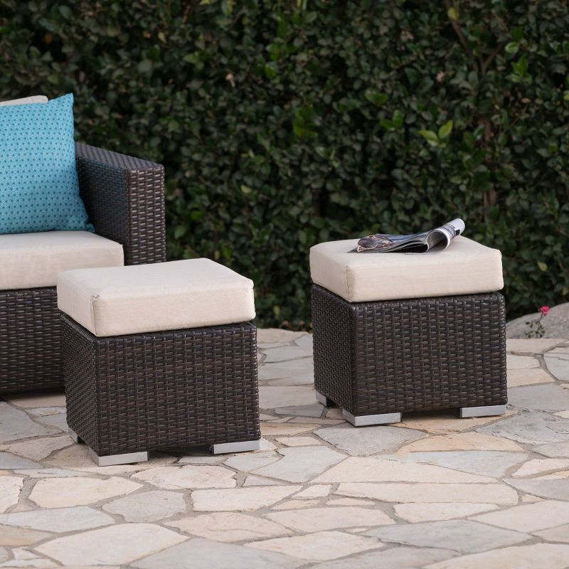 Santa Rosa 2pk Wicker Outdoor Patio Ottoman Seat - Brown/Beige - Christopher Knight Home, 3 of 6