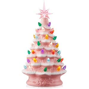 Casafield Hand Painted Ceramic Christmas Tree, 12-Inch Pre-Lit Tree with 100 Multi Color Lights and 2 Star Toppers - 1 of 4