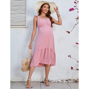 BLUEMING Maternity Dress Flowy Smocked A Line Sundress with Ruffle Strap Sweetheart Neck Seersucker Dress - 1 of 4