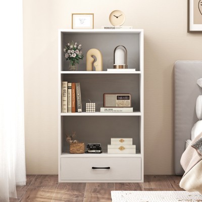 White 48" Modern Wood Bookcase with Drawer and Shelves