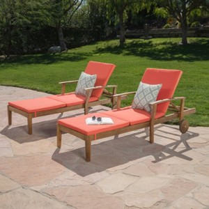 Christopher Knight Home Perla Outdoor Acacia Wood Armless Adjustable Chaise Lounge with Cushion (Set of 2) - 1 of 4