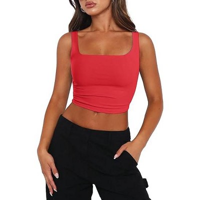 Zeagoo Women's Square Neck Sleeveless Crop Tops Cute Double Layer Casual Slim Fit Trendy Tank Tops