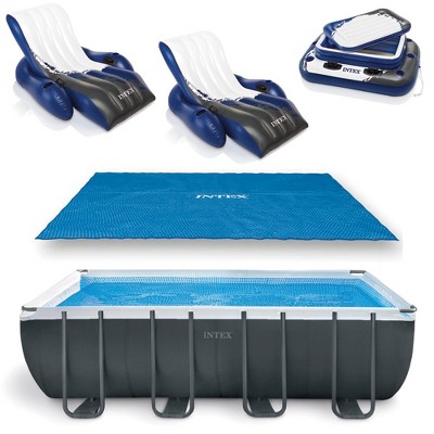 INTEX 18'x52" Framed Swimming Pool with Solar Pool Cover, Inflatable 72 Can Beverage Cooler Float, and Inflatable Floating Recliner Chairs (2 Pack)