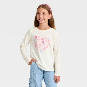 Girls' Long Sleeve 'Bow Heart' Graphic T-Shirt - Cat & Jack™ Cream - 1 of 4