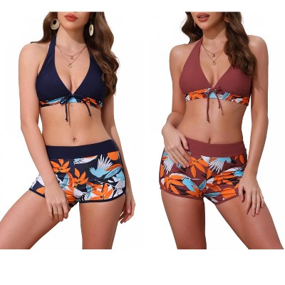 INSPIRE CHIC Women's Leaf Print Color Block Halter Top Boyshorts Bottom Swimwear Bathing Bikini Suits 2 Sets