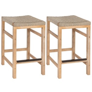JONATHAN Y Armand Modern Coastal Backless Acacia Wood Outdoor Bar Stool with Woven Rope Sea (Set of 2) - 1 of 4