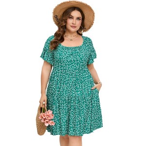 LXT- Women's Plus Size Square Neck Ruffle Sleeve Flowy Floral Summer Midi Dress with Pockets - 1 of 4