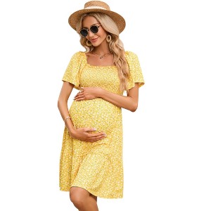 Coolmee Women Maternity Summer Short Sleeve Smocked Boho Dress Casual Square Neck Ruffle Midi Dress Baby Shower Photoshoot - 1 of 4