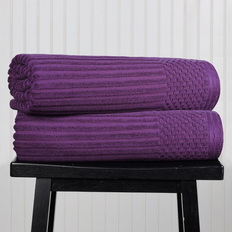 Plush Cotton Ribbed Checkered Border Medium Weight Towel Set by Blue Nile Mills, 3 of 8