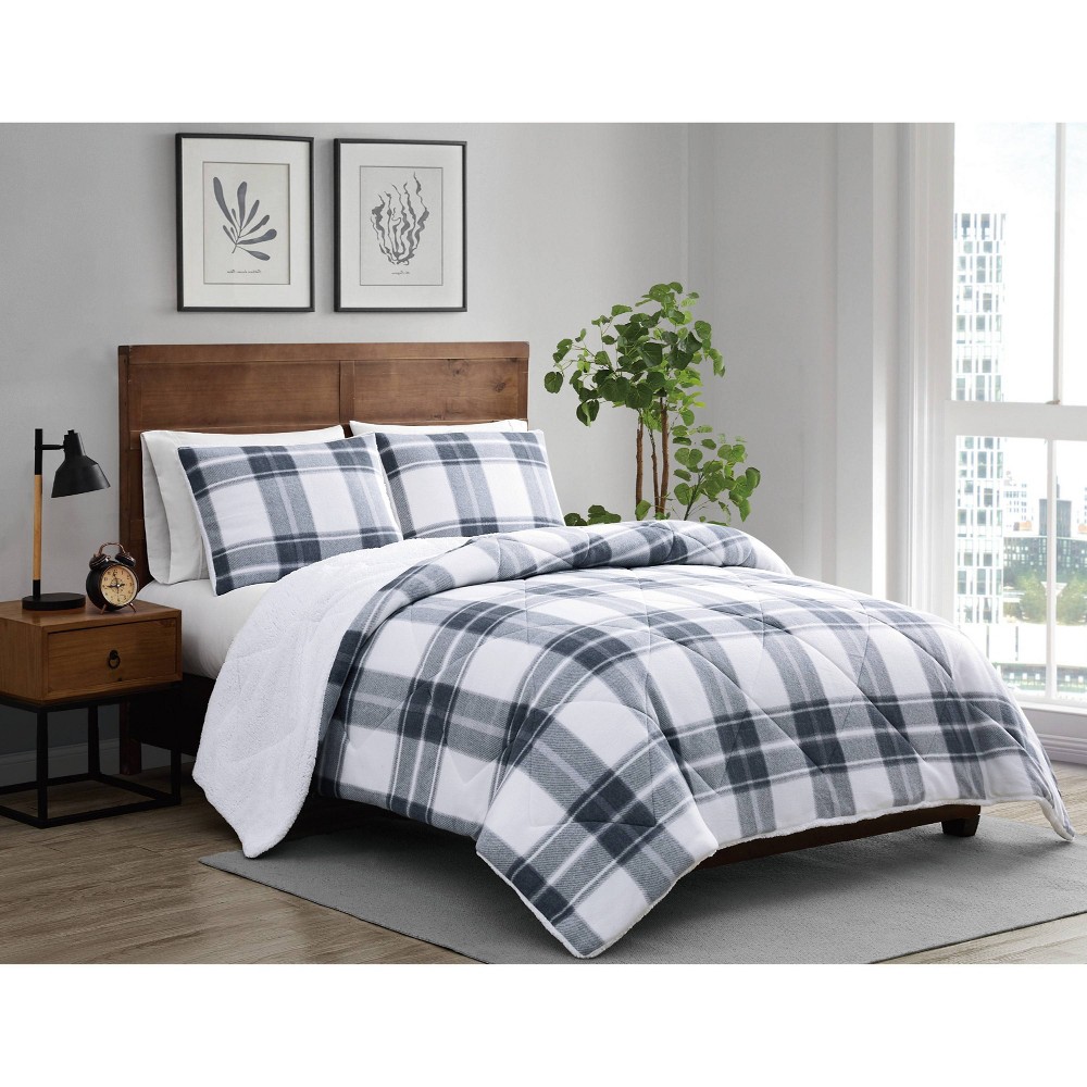 Photos - Bed Linen 2pc Twin/Twin Extra Long Cozy Teddy Plaid Comforter Set Blue/Cream - Cannon