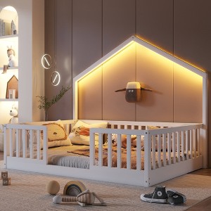 Twin/Full Size Montessori Bed Floor Bed Platform Bed Frame Toddler Bed Kid House Bed with Light & High Rails - ModernLuxe - 1 of 4