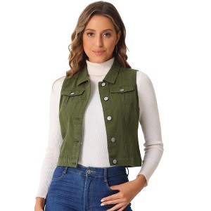 INSPIRE CHIC Women's Buttoned Washed Denim Vest with Faux Chest Flap Pockets - 1 of 4