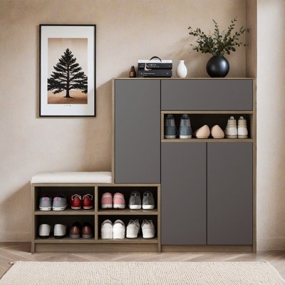 2-in-1 Shoe Storage Bench & Shoe Cabinets , Multi-functional Shoe Rack with Padded Seat, Adjustable Shelves - Leovsnove