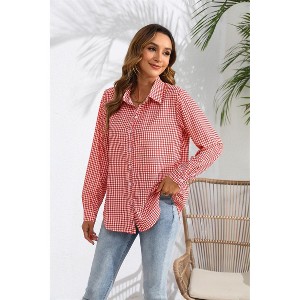 Women's Houndstooth Plaid Button-Down Shirt, Loose Fit Long Sleeve Collared Blouse for Casual & Office Wear - 1 of 4