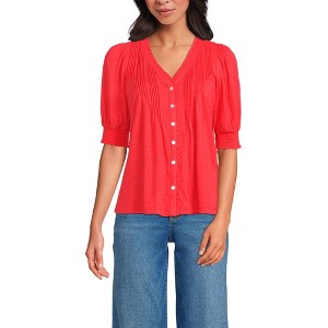 Lands' End Women's Button Pintuck Puff Sleeve Top - 1 of 3