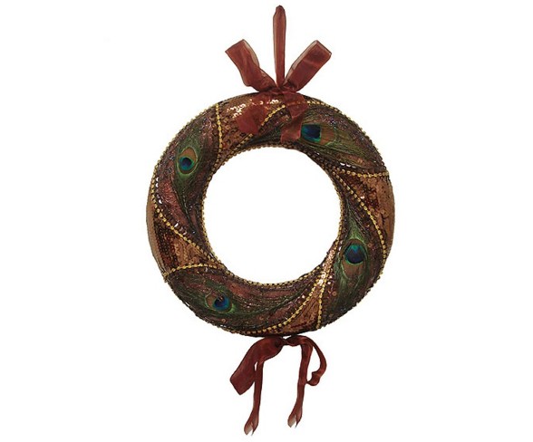 CMI 14" Brown Sequin and Gem Feather Christmas Wreath