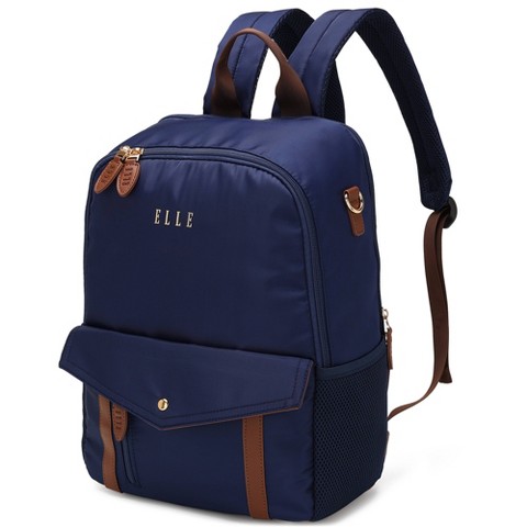 ELLE Luggage 18L Luxe Journey Twill and Vegan Leather Backpack - Navy Blue