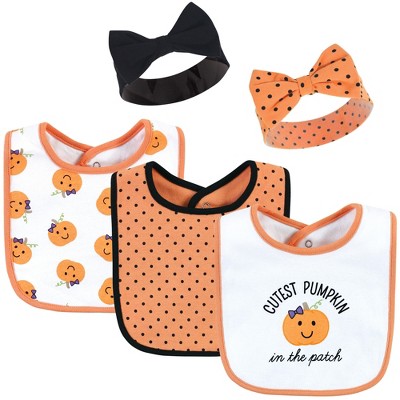 Hudson Baby Infant Girl Cotton Bib and Headband or Caps Set, Cutest Pumpkin, One Size