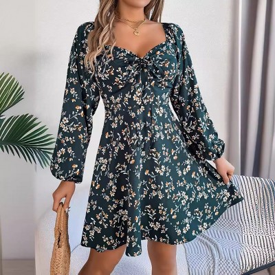 Whizmax Casual Boho Floral Print Balloon Long Sleeve Square Neck Mini Dress
