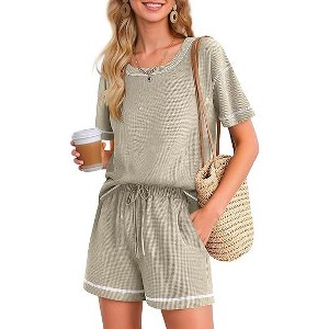 Ekouaer Women's Waffle Knit Two Piece Lounge Set, Soft Matching Outfits for Daily Wear, Casual Shorts Set with Pocket - 1 of 4