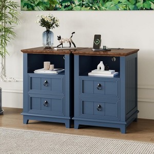 Nightstand Set of 2 - Blue Farmhouse End Tables with Charging Station, 2 Drawers & Open Shelf for Bedroom & Living Room - 1 of 4