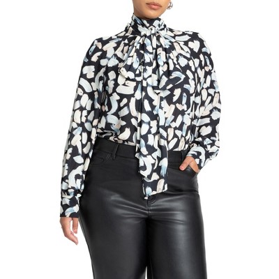 ELOQUII Women's Plus Size Dramatic Neck- Tie Blouse - 20, Floral Brush Stroke
