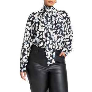 ELOQUII Women's Plus Size Dramatic Neck- Tie Blouse - 20, Floral Brush Stroke - 1 of 4