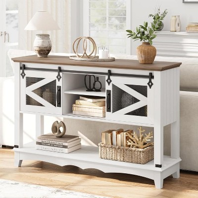 Farmhouse Entryway Table,Farmhouse Entryway Console Table with Sliding Barn Doors,Narrow Sofa Cabinet Storage for Living Room Hallway Entrance White