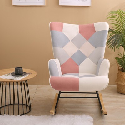 CAVINAS Accent Chair Rocking Chair Mid Century Modern Glider Rocking Chair with Patchwork Linen