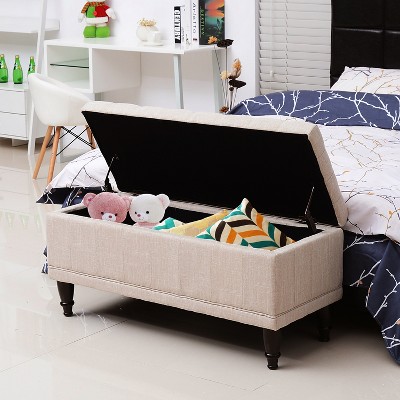 Beige Linen Tufted Storage Ottoman Bench with Hardwood Legs