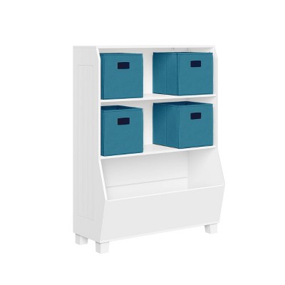 RiverRidge Kids' 34" Playroom Bookshelf with Veggie Bin Organizer, 2 Open Toy Storage Shelves, and 4 Fabric Bins