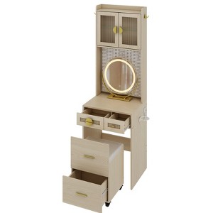 SEVOBAL Vanity Tables Compact Large Mirror Ample Storage and Hidden Stool for Bedroom, Natural Rattan Accent, 44.88"*24.4"*8.66" - 1 of 4