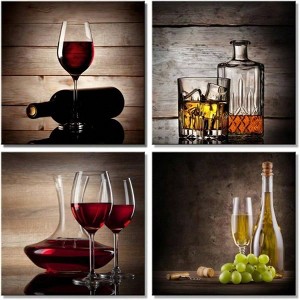 Red Wine Cups Modern Kitchen Wall Decor 4 Panels Abstract Canvas Art Contemporary Vintage Paintings on Canvas Home Dinning Room - 1 of 4