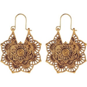 Boho Antique Carved Flower Dangle Earrings - Vintage Bronze Floral Hoop, Gold & Silver Plated Ethnic Jewelry Gift - 1 of 4