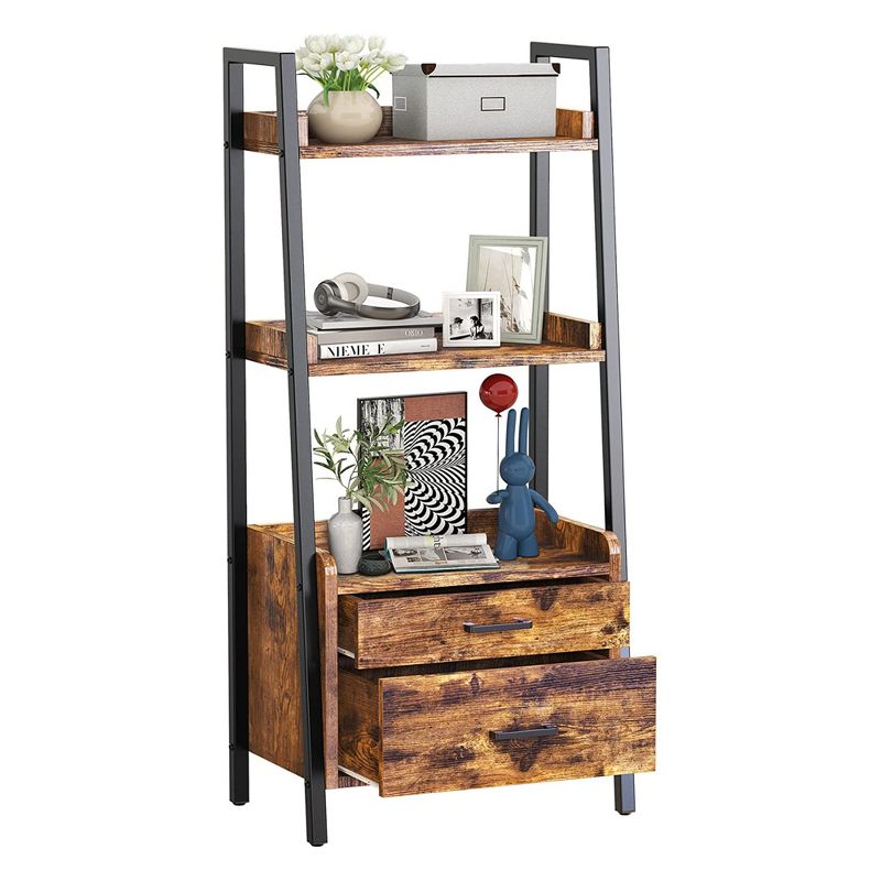 Fabato Bookshelf Bookcase w/Ladder Shelves, Metal Frame, & 2 Organizing Drawers for Living Room, Office, or Bedroom, 3 of 7