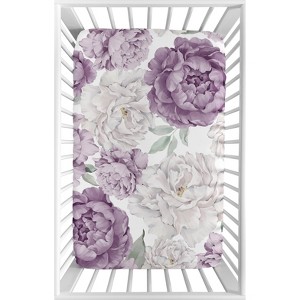 Sweet Jojo Designs Girl Baby Fitted Mini Crib Sheet Peony Floral Garden Purple Ivory - 1 of 4