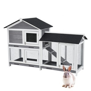 Whizmax Wooden Rabbit Hutch, Small Animal Habitat with Weather-Resistant House & Courtyard, Outdoor Bunny House with Wire Fence and Cleaning Tray - 1 of 4